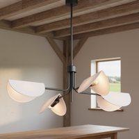 Lustre suspendu moderne simple et luxueux à 4 lumières, pliable, en lin doré, avec abat-jour ovales en forme de fleur, hauteur réglable, LED, économie d'énergie