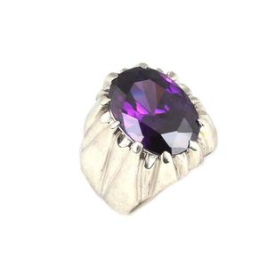 925 Sterling <b>Silver</b> Men's <b>Ring</b> Amethyst Color Stone <b>Plain</b> Polished Rhodium Plated Geometric Pattern Oval Cut Everyday Wear - Product Image 1