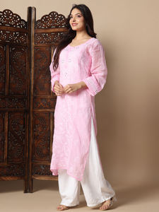 Robes d'hiver décontractées de qualité supérieure brodées à la main Kota Doria Chikankari Kurti Silhouette droite motif solide naturel formel - Product Image 4