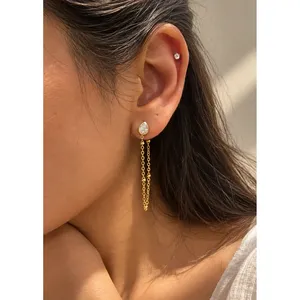 ต่างหูแบบติดหูทรงหยดน้ำชุบโรเดียมประดับเพชรซิร์คอนและมุก - Product Image 2