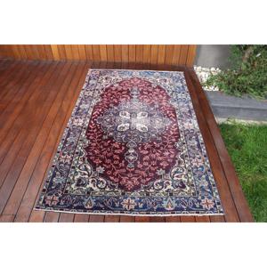 Alfombra Turca, Alfombra Vintage de 3.9x6 pies, Alfombra de Lana con Rayas Azules - Product Image 1