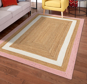 Alfombra ovalada de Yute natural con un borde decorativo de colores pastel variados, diseño ecológico, a precios mayoristas - Product Image 5