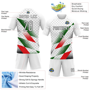 Uniforme de Voleibol Sublimado con Forma Geométrica de Palestina en Blanco, Negro y Verde Kelly, Personalizado con Logotipo y Nombre del Equipo, Gran Venta - Product Image 4