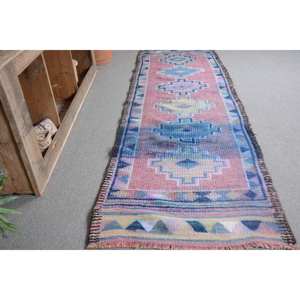 Vintage Turkish Kilim Rug 2,8 X 9,2ft Handmade Blue Pink Wool with Latex Backing for Bedroom Rectangle Patchwork Pattern - Product Image 3