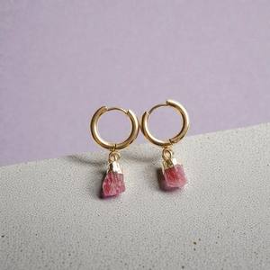Customizable 18K Gold Vermeil Handmade <b>Pink</b> Tourmaline Hoop Earrings Natural Raw Gemstone Jewelry for Weddings Crystal Earrings - Product Image 2