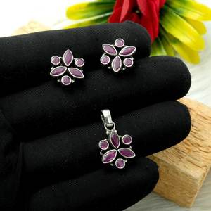 925 argent Sterling naturel rubis Floral boucle d'oreille pendentif ensemble Zircon pierres précieuses goujons élégant bijoux en argent pour anniversaire - Product Image 2