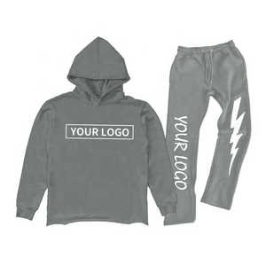Chándal apilado de calidad superior para hombre, Conjunto de sudadera con capucha y Jogger con borde crudo, chándal acampanado con estampado 3D y logotipo personalizado - Product Image 1