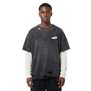 T-shirt personnalisé SPORTISH IMPEX avec impression 3D en relief et délavage acide |   T-shirt streetwear à manches longues à double couche en tissu gaufré délavé - Product Image 1