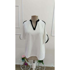 Women'<b>s</b> Short-Sleeved V-Neck Imported Crepe <b>Blouse</b>, 35340 - White - Product Image 4