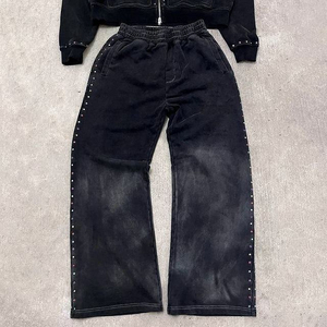 Custom Winter Men's Tracksuit Acid Wash <b>Flare</b> <b>Sweatpants</b> Rhinestone Drawstring Hoodie 100% Cotton Quick-Drying - Product Image 4