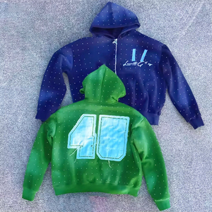 Sudadera con capucha y cremallera con estampado de parches bordados lavados con ácido y desteñidos de 100% algodón con logotipo personalizado, ropa de calle con diamantes de imitación - Product Image 6