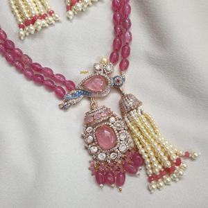 Juego de colgante de pájaro Kundan Polki de Piedra Rosa Vintage, joyería de acero inoxidable chapada en oro fino con perla y diamante para regalo - Product Image 2