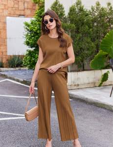 Conjuntos de salón para mujer, conjuntos de dos piezas, camisetas de manga de gorro de punto, pantalones plisados de pierna ancha, conjuntos de suéter informales y elegantes - Product Image 5