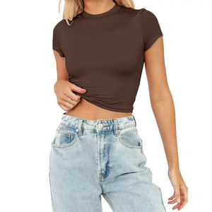 T-shirt respirant vierge à manches courtes de couleur unie de qualité supérieure en gros femmes crop top t-shirt pour dames à vendre personnalisé - Product Image 2