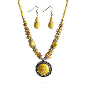 Conjunto de Collar de Aleación de Zinc Dorado Antiguo con Cuentas Amarillas para Ocasiones Casuales y Festivas 1105924C - Product Image 1