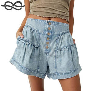 Pantalones cortos de mezclilla de cintura alta para mujer, bonitos pantalones cortos vaqueros plisados elásticos con dobladillo con volantes, informales, de verano - Product Image 1