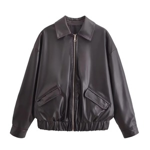 Chaqueta de cuero para mujer, abrigo de bombardero Vintage, moda con cremallera, abrigo de PU para mujer, prendas de vestir, chaquetas de motorista para moto - Product Image 1