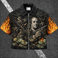 Veste courte zippée OEM personnalisée en métal, motif flamme, chaîne, signe dollar, croix, sublimation 3D intégrale, style gothique streetwear à manches courtes