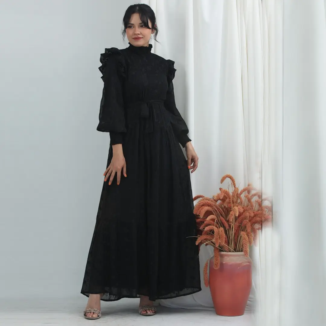 Super Sale-Muslim Woman Dress 2022 Lacy Fabric Shirred Islamic Clothing High Quality Product