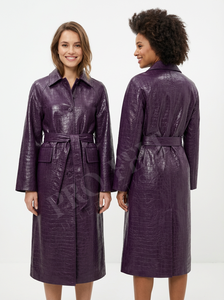 Manteau long en cuir véritable pour femmes, noir, texture effet crocodile, boutonnière devant, mode d'hiver, coupe droite, pardessus en cuir - Product Image 4