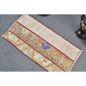 Alfombra Turca Vintage Bohemia, Color Beige, 1,5x2,8 pies, Diseño de Retazos de Lana, Rectángulo Abstracto de Látex para Habitación de Pasillo - Product Image 4