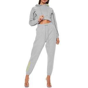 Trajes de jogging de alta calidad de algodón 100% para mujer, conjunto de chándal de 2 piezas de manga larga a la moda, Top corto y Sudadera con capucha - Product Image 1