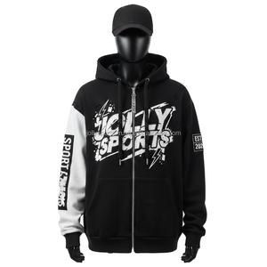 Sweat à capuche zippé en polaire 320GSM pour femmes, noir et blanc, panneau de manche, tissu doux et chaud, logo personnalisé, impression à l'écran, sweat à capuche basique zippé - Product Image 1