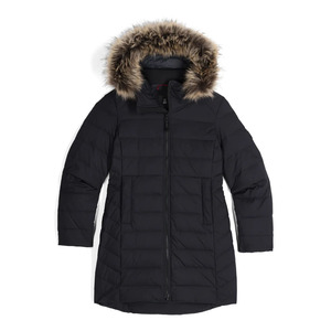 Women's Long <b>Quilted</b> Winter Jacket With Fur Trim Hood Black Full Sleeve Polyester <b>Wadding</b> Zipper Closure - Product Image 3