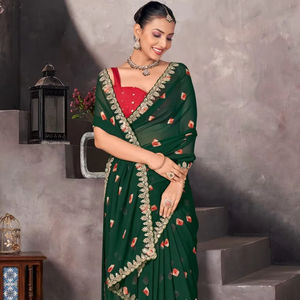 Saree de seda Georgette suave de diseñador con hermosas lentejuelas bordadas para funciones de fiesta o boda - Product Image 1