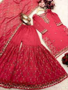 Colección de trajes Sharara de diseñador pesado, tela Georgette de imitación pura con trabajo de secuencia de bordado pesado para mujer, ropa de fiesta - Product Image 6