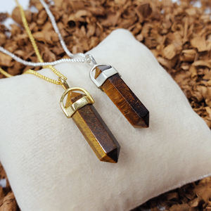 Collar con colgante de piedra preciosa de ojo de tigre, 30x8mm, lápiz de piedras preciosas de doble punto, dorado, Plata de Ley 925 - Product Image 2