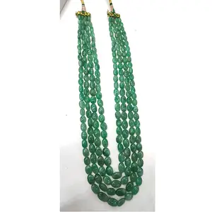 深色绿色翡翠绿柱石光滑滚珠项链8-10毫米长22英寸4层绿柱石串珠复古项链