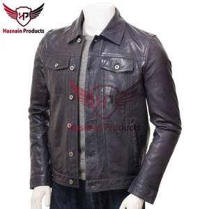 Chaqueta de camionero de cuero azul marino con estilo clásico para hombre, ropa de abrigo personalizable para invierno de alta calidad - Product Image 3