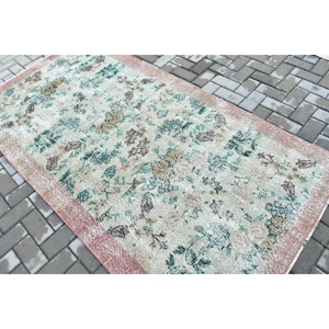 Turkish Vintage Rug, 4.1x7.7 ft Area Rug, Green <b>Brown</b> Solid <b>Wool</b> Rug - Product Image 4