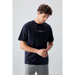 T-shirt pour homme en coton 100% bleu marine, épais, doux, texturé, coupe ample avec motif imprimé - 88374 - Product Image 3