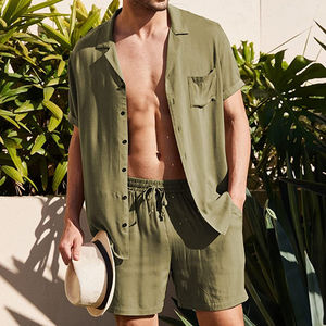 Conjunto de camisa de manga corta de lino para hombre al por mayor, cárdigan de algodón informal holgado de verano, conjunto de camisa y pantalones cortos con logotipo personalizado - Product Image 6