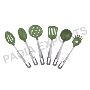 ชุดเครื่องครัวสแตนเลสและไนลอน6ชิ้นพร้อมที่จับสีเขียวเป็นมิตรกับสิ่งแวดล้อม - Product Image 1