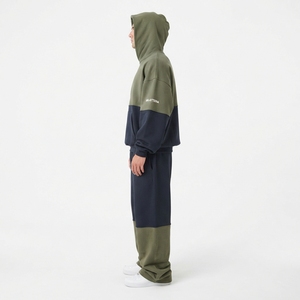 Custom Men Green Navy Color Block <b>Zip</b> Up Hoodie <b>Jogger</b> Set Cotton Fleece Casual Tracksuit OEM Wholesale - Product Image 2