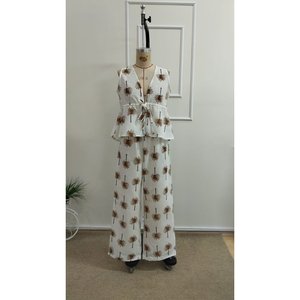 Conjunto de Dos Piezas para Mujer, Blusa sin Mangas con Cuello en V y Estampado, y Pantalones con Cinturón, 34490 - Beige - Product Image 4