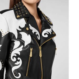 Veste de motard en cuir noir pour femme, nouveau Style clouté d'étoile avec cuir en peau de vache - Product Image 2