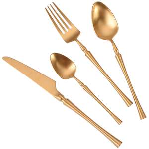 Juego de cubiertos dorados de acero inoxidable de diseño elegante con mango redondo largo y delgado para el hogar y el restaurante Juego de cubiertos para comer comida - Product Image 3