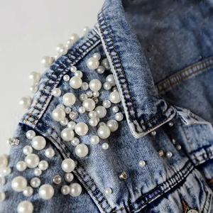 Femmes grande taille décontracté luxe Denim hauts bleu personnalisé à manches longues perle veste respirant à la mode perle Jean vestes - Product Image 5