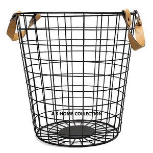 Multifunctional Black Color <b>Wire</b> Storage <b>Basket</b> With Stylish Leather Handle Sustainable Metal For kitchen Organizer - Product Image 1