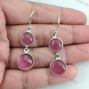 Boucles d'oreilles pendantes en pierre rose Monalisa, argent sterling 925, faites à la main - Product Image 2