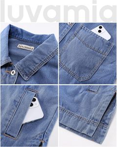 Chaqueta vaquera con botones de gran tamaño a la moda para mujer con dobladillo con abertura de manga larga y bolsillo Estilo sexy Vintage para Otoño e Invierno - Product Image 6