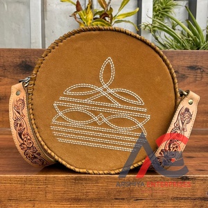 New 2025 Hand Tooled Suede Leather Large Round Bag for Women's Wholesale <b>Boot</b> Stitch Genuine Cow Leather Crossbody Shoulder Bags - Product Image 1