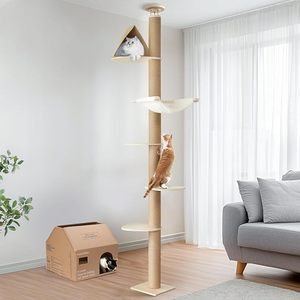 Arbre à chat écologique pour sol et plafond, tour d'escalade à 6 niveaux réglables en hauteur (1,8-3 m) avec poteaux à gratter en bois épaissi - Product Image 1