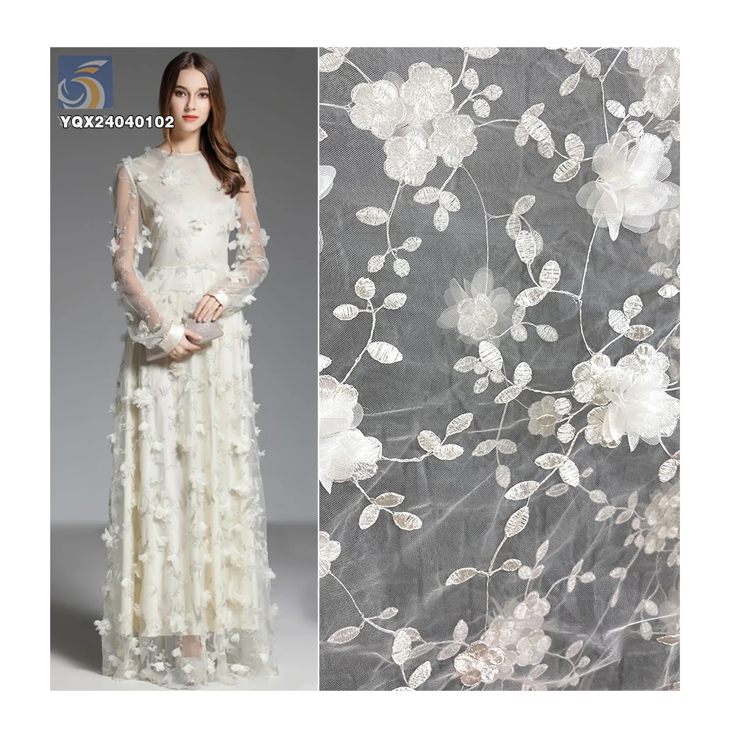 Çin'den toptan 3D dantel çiçek kumaş yeni tasarım işlemeli çiçekler Polyester örgü elbiseler için düşük fiyat