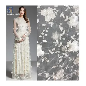 Wholesale 3D Lace Floral Fabric from China New Design Embroidered Flowers on Polyester Mesh for Dresses Low Price