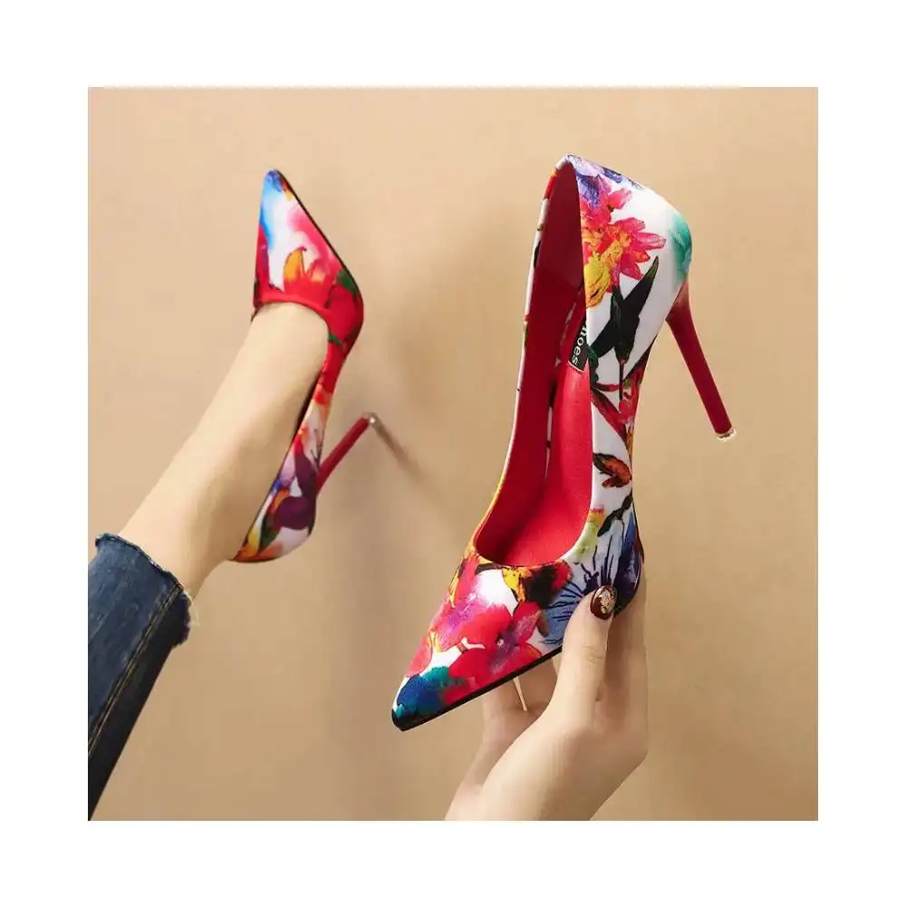 Wholesale fashion pointed floral thin heels mature sexy stiletto's high heel shoes Available in Best Quality